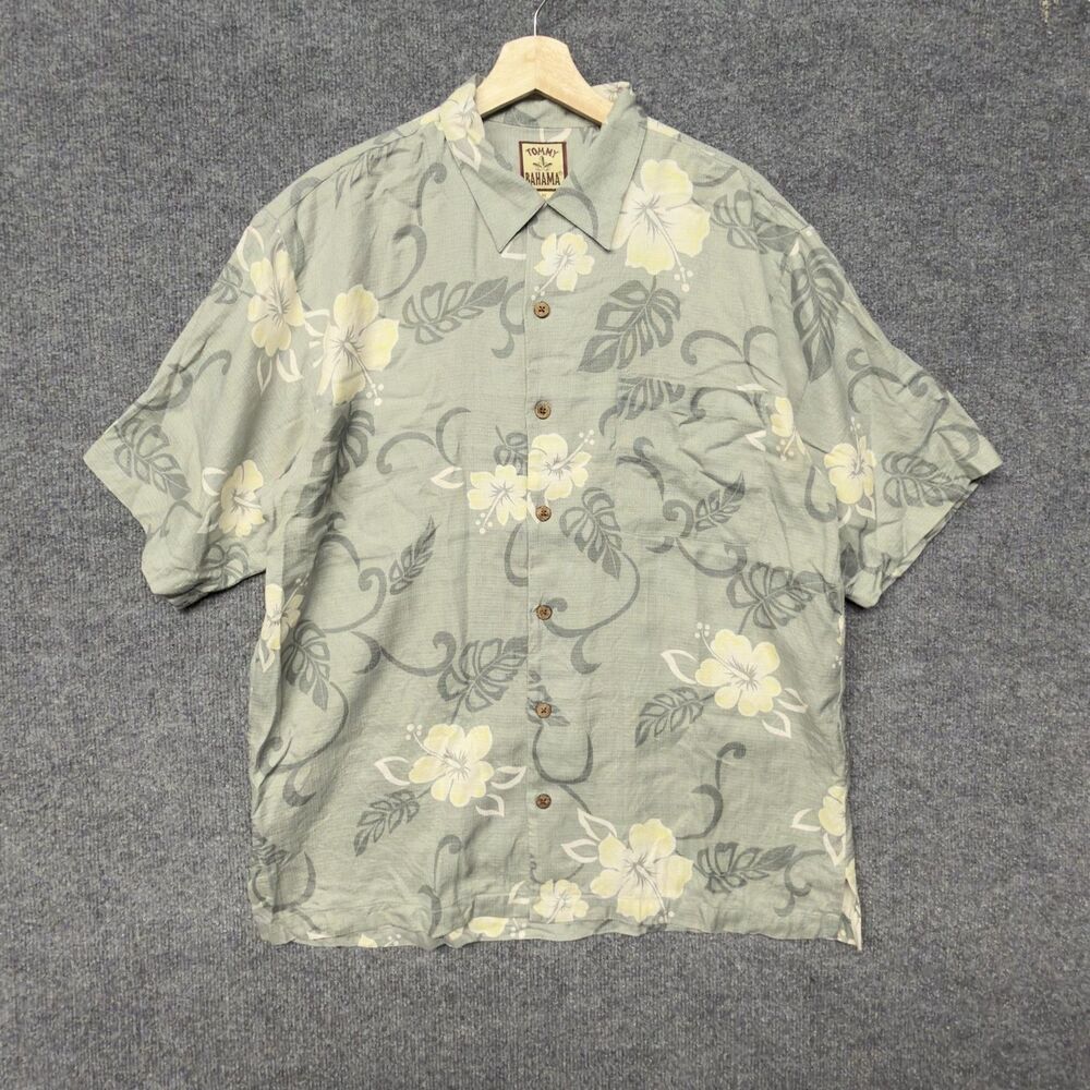 Tommy Bahama Silk Hawaiian Shirt Mens M Green Floral Button Up Beach Casual